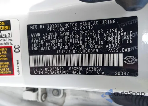 2019 Toyota Avalon Xse from USA, damaged, VIN 4T1BZ1FB1KU006099